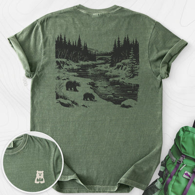 River Bear Scene Back Print T-shirt Gift For Hiker