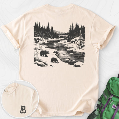 River Bear Scene Back Print T-shirt Gift For Hiker