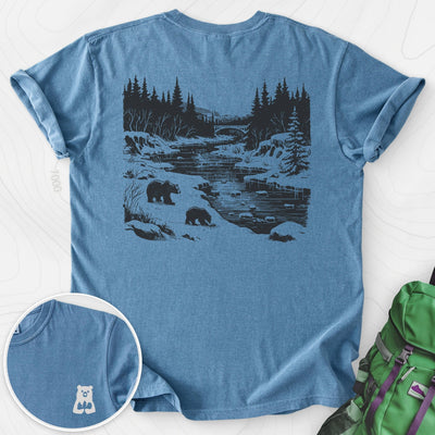 River Bear Scene Back Print T-shirt Gift For Hiker