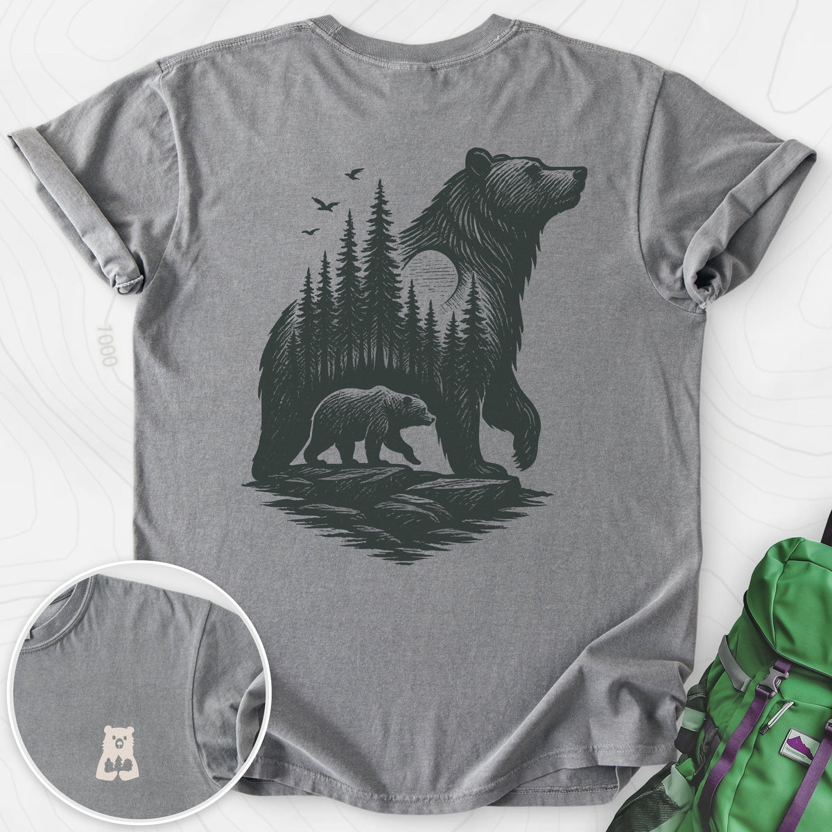 Bear Cub Silhouette Back Print T-shirt Gift For Hiker