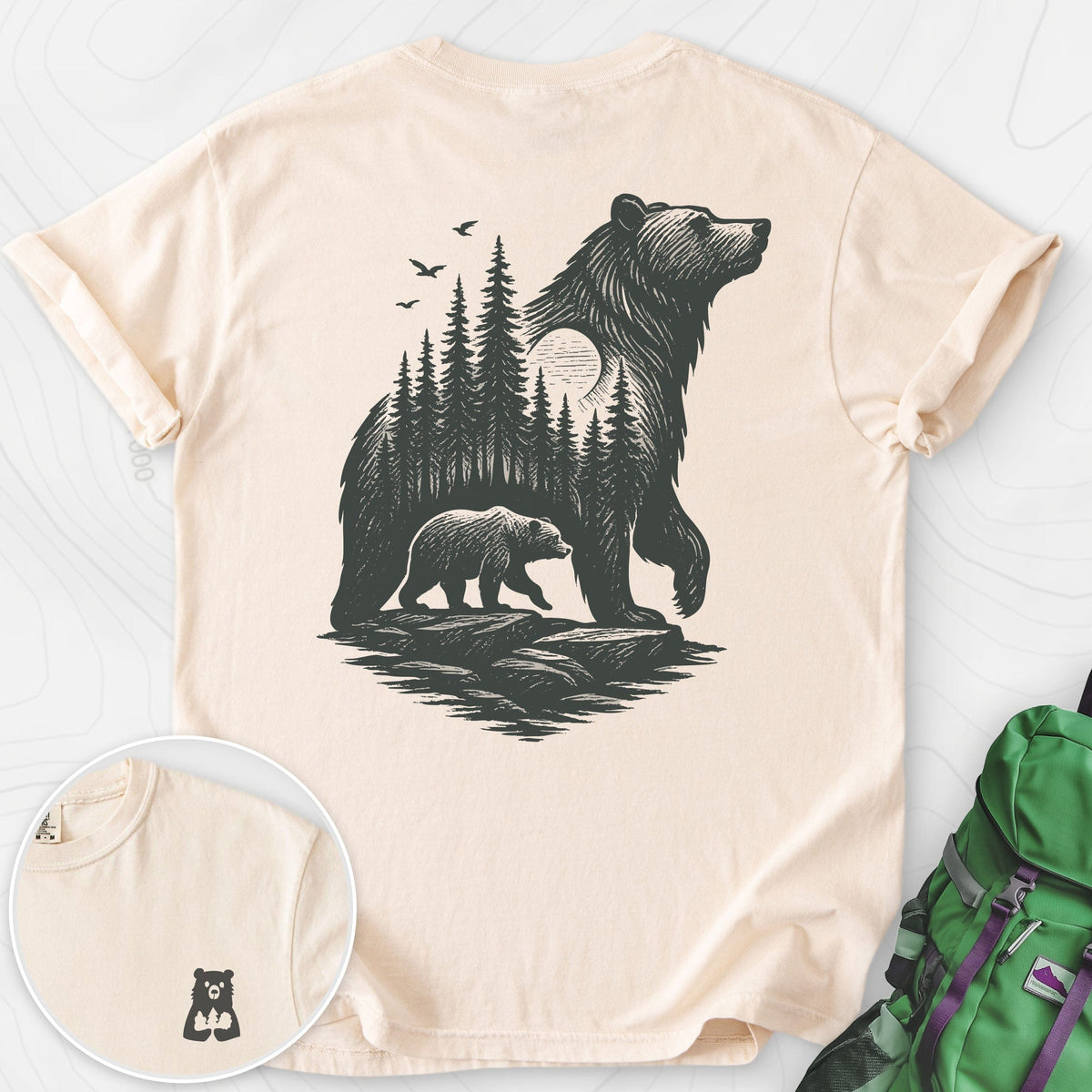 Bear Cub Silhouette Back Print T-shirt Gift For Hiker