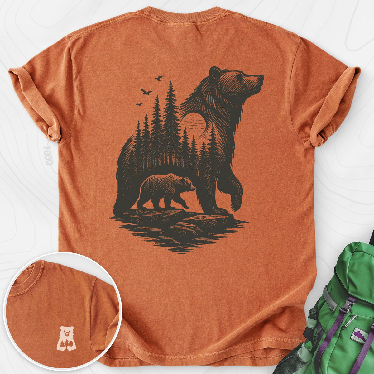 Bear Cub Silhouette Back Print T-shirt Gift For Hiker