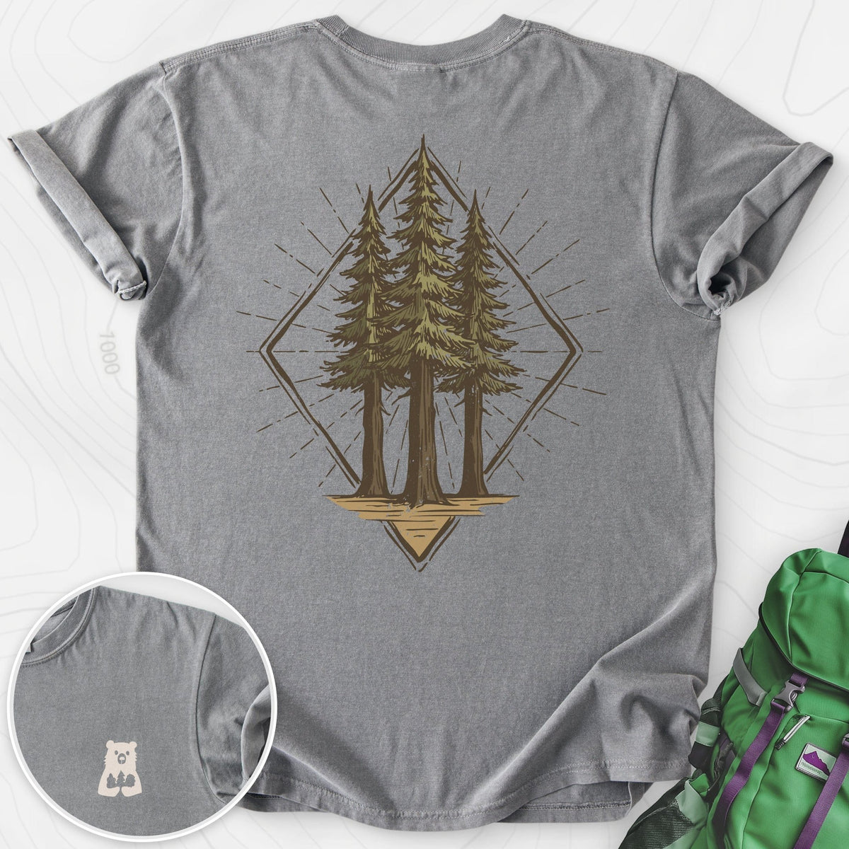 Pine Forest Badge Back Print T-shirt Gift For Hiker