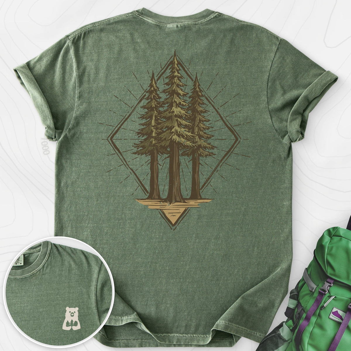 Pine Forest Badge Back Print T-shirt Gift For Hiker
