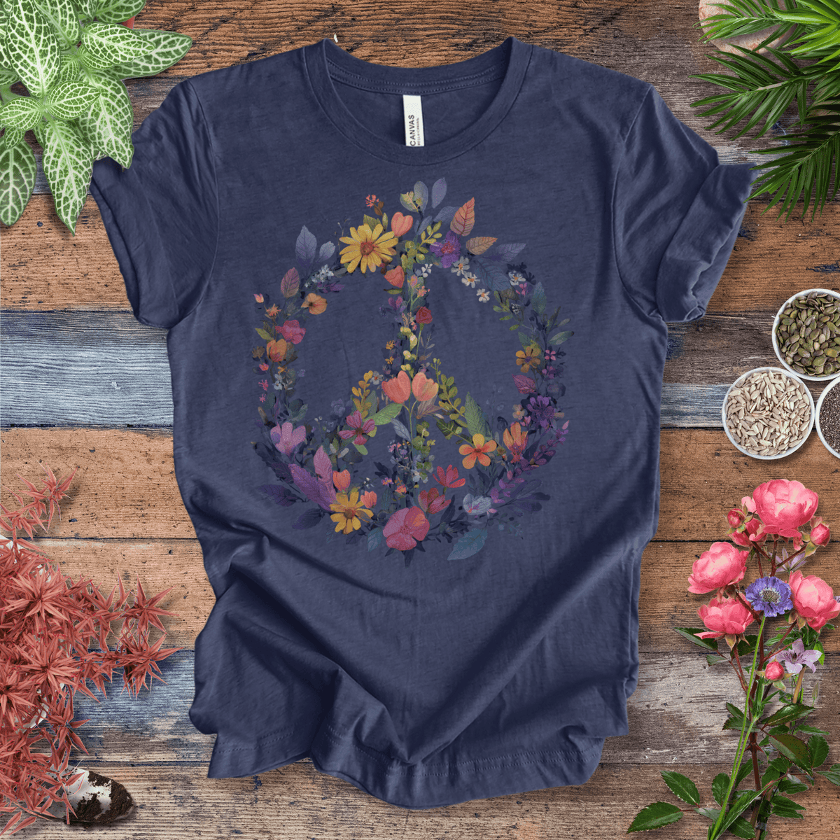 Rainbow Peace Sign Floral T-Shirt – Pastel Garden Wreath Tee | Eco-Friendly Plant Lover Gift | Sustainable Unisex Tee Gift For Plant Lover