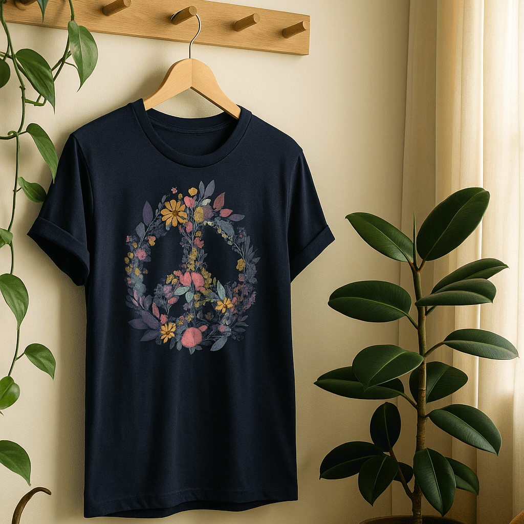 Rainbow Peace Sign Floral T-Shirt – Pastel Garden Wreath Tee | Eco-Friendly Plant Lover Gift | Sustainable Unisex Tee Gift For Plant Lover