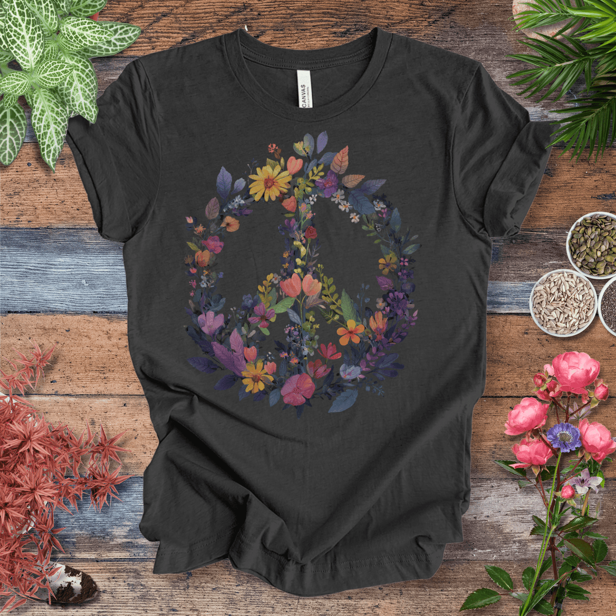 Rainbow Peace Sign Floral T-Shirt – Pastel Garden Wreath Tee | Eco-Friendly Plant Lover Gift | Sustainable Unisex Tee Gift For Plant Lover