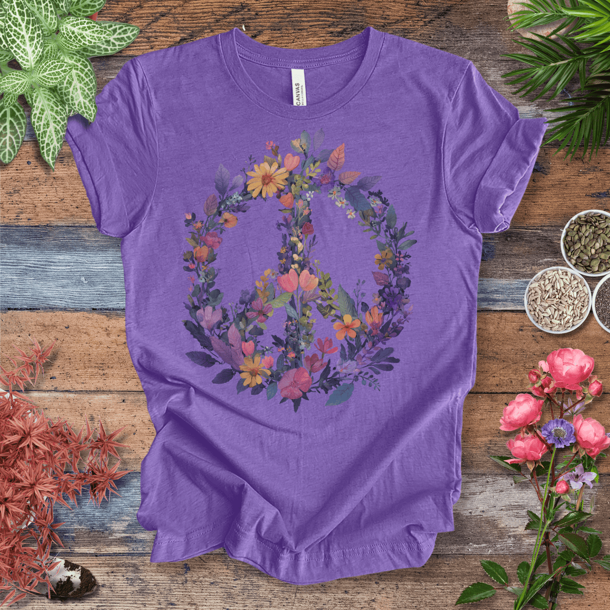 Rainbow Peace Sign Floral T-Shirt – Pastel Garden Wreath Tee | Eco-Friendly Plant Lover Gift | Sustainable Unisex Tee Gift For Plant Lover