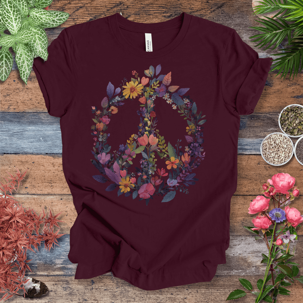 Rainbow Peace Sign Floral T-Shirt – Pastel Garden Wreath Tee | Eco-Friendly Plant Lover Gift | Sustainable Unisex Tee Gift For Plant Lover