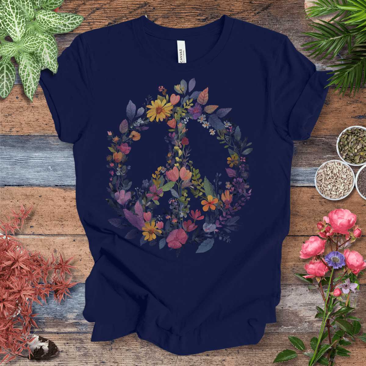 Rainbow Peace Sign Floral T-Shirt – Pastel Garden Wreath Tee | Eco-Friendly Plant Lover Gift | Sustainable Unisex Tee Gift For Plant Lover