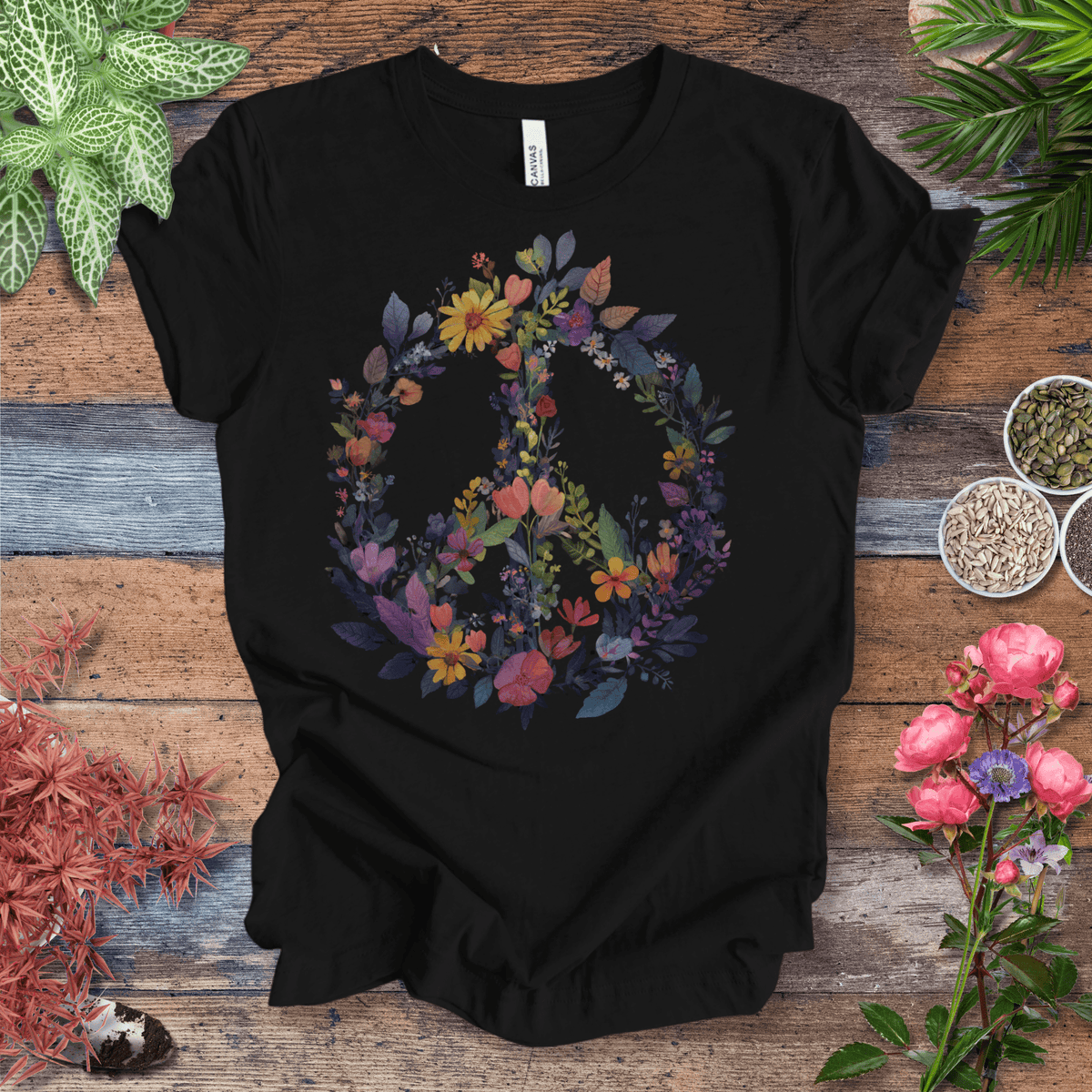 Rainbow Peace Sign Floral T-Shirt – Pastel Garden Wreath Tee | Eco-Friendly Plant Lover Gift | Sustainable Unisex Tee Gift For Plant Lover