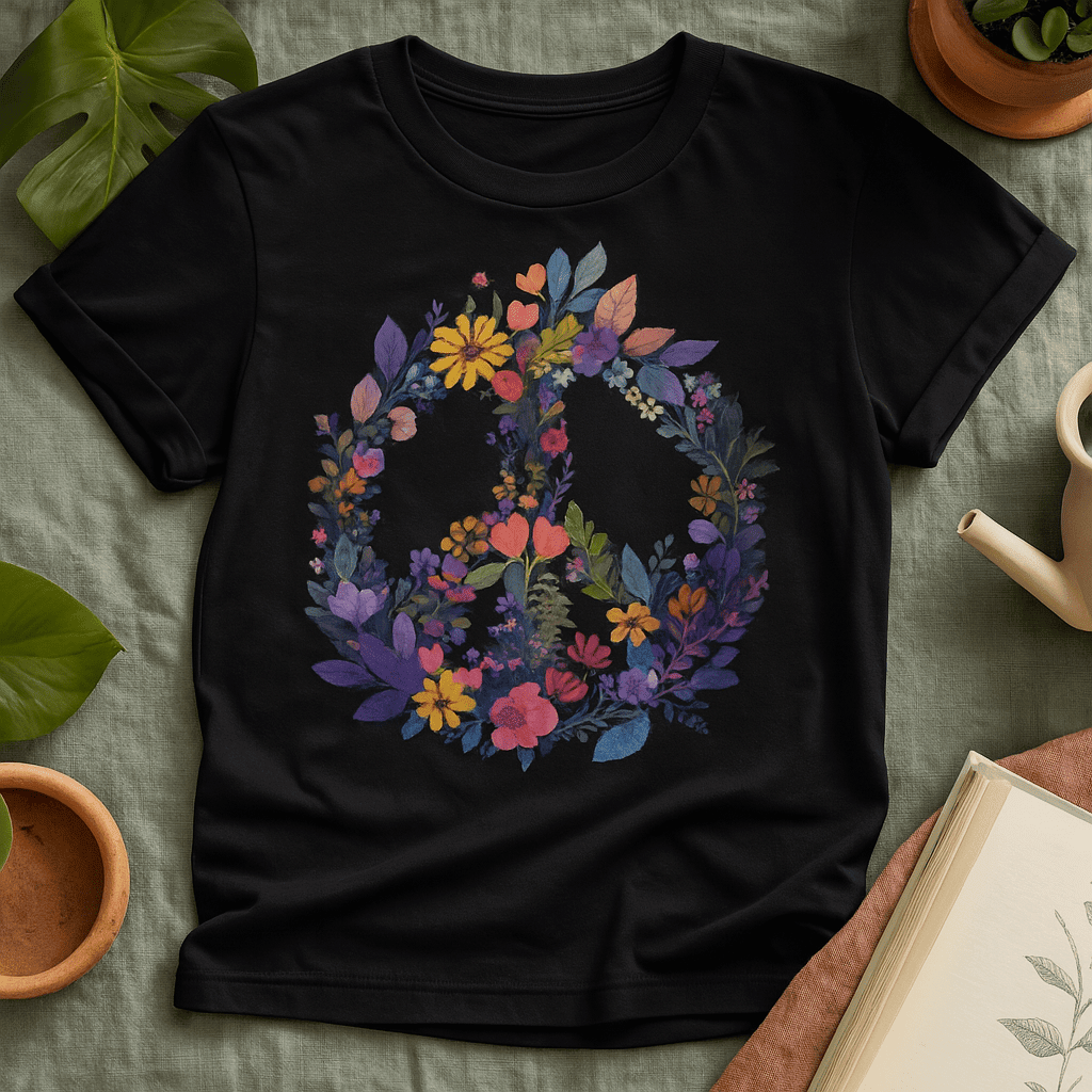 Rainbow Peace Sign Floral T-Shirt – Pastel Garden Wreath Tee | Eco-Friendly Plant Lover Gift | Sustainable Unisex Tee Gift For Plant Lover