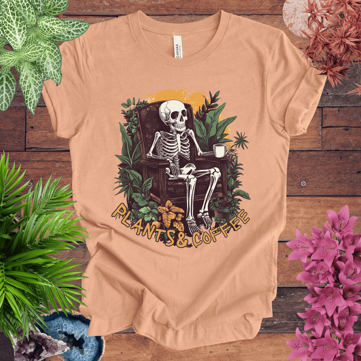Plants & Coffee Skeleton T-Shirt Gift For Plant Lover