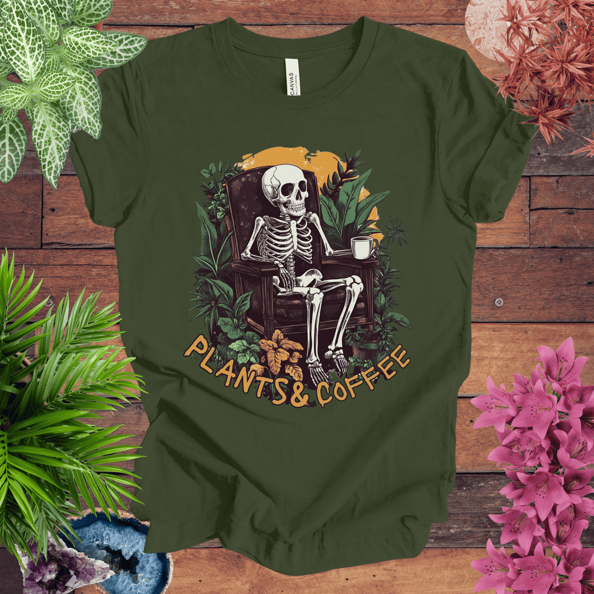 Plants & Coffee Skeleton T-Shirt Gift For Plant Lover