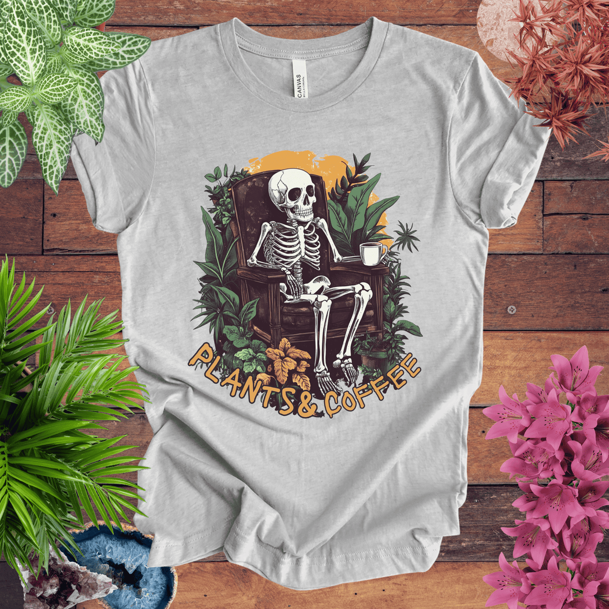 Plants & Coffee Skeleton T-Shirt Gift For Plant Lover
