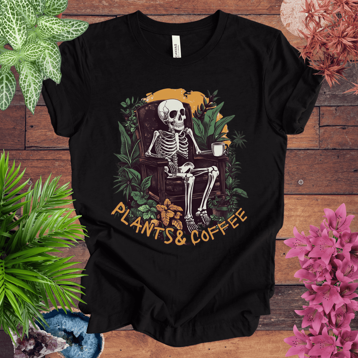 Plants & Coffee Skeleton T-Shirt Gift For Plant Lover