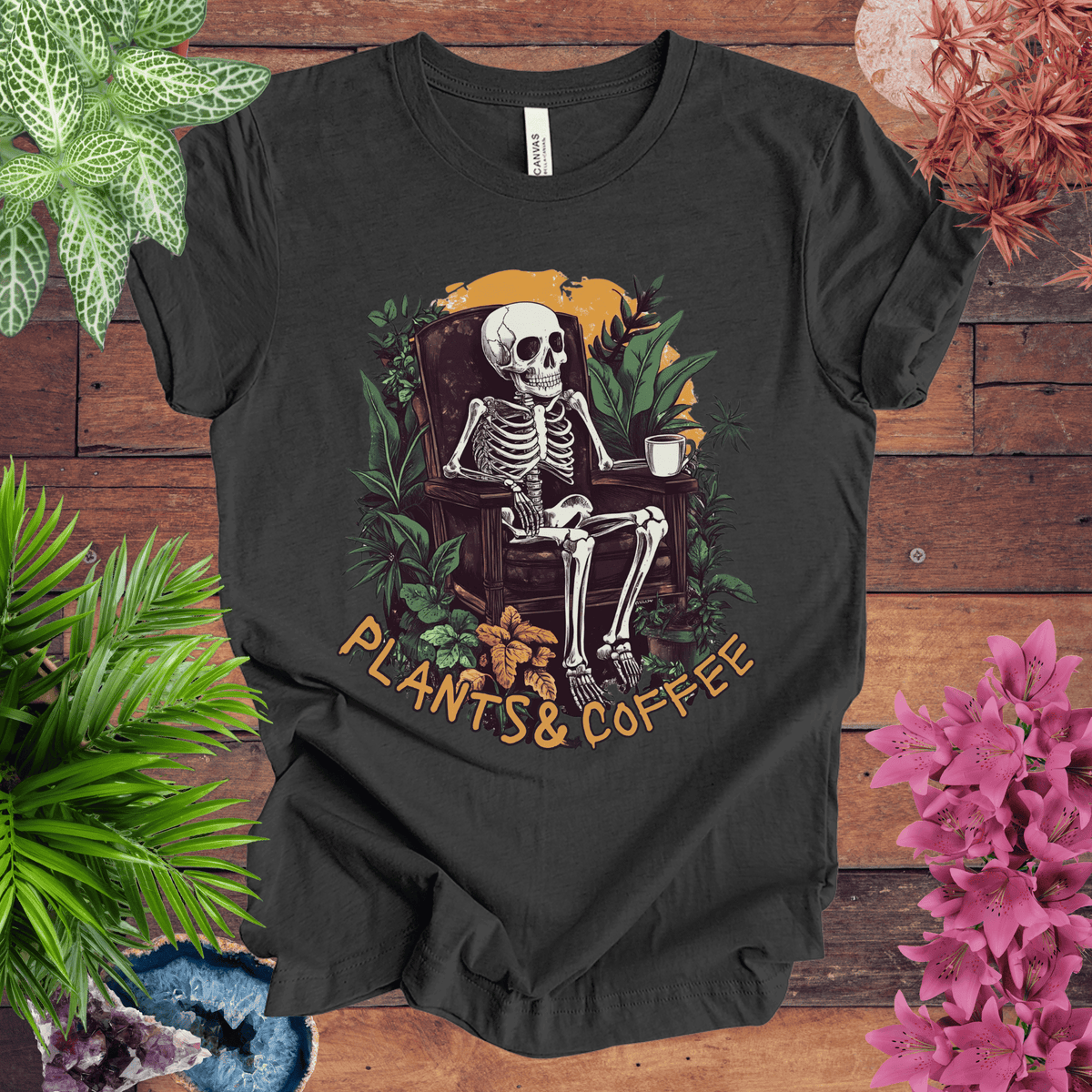 Plants & Coffee Skeleton T-Shirt Gift For Plant Lover