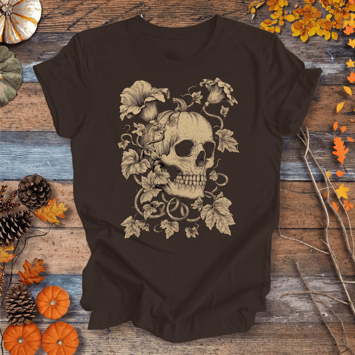 Botanical Skull & Pumpkin Vines Shirt – Halloween | Unisex Cotton T-shirt Gift For Plant Lover