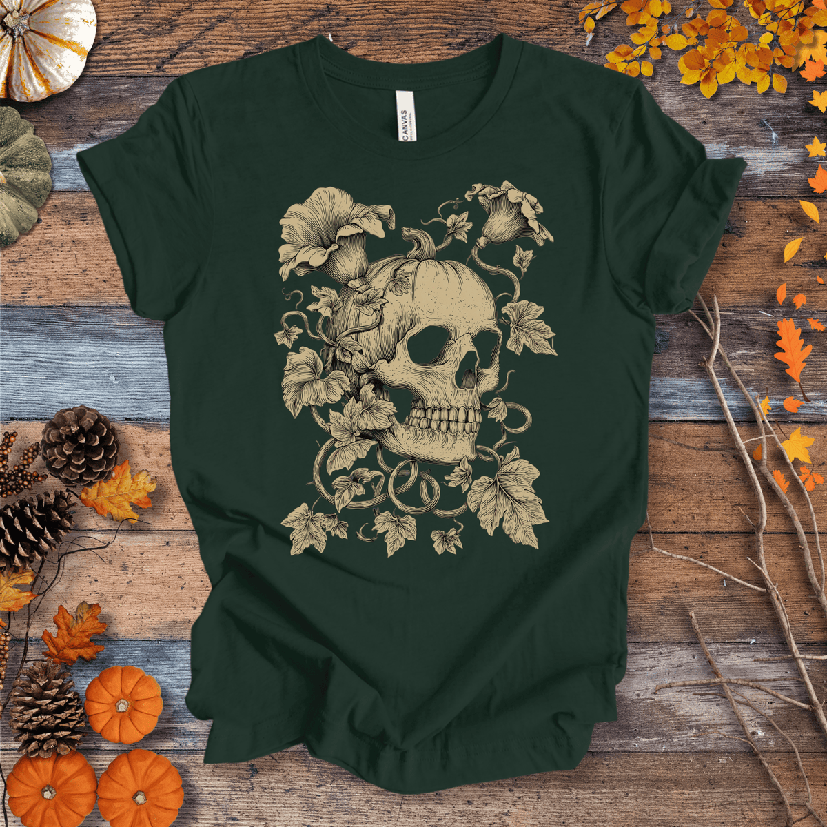 Botanical Skull & Pumpkin Vines Shirt – Halloween | Unisex Cotton T-shirt Gift For Plant Lover