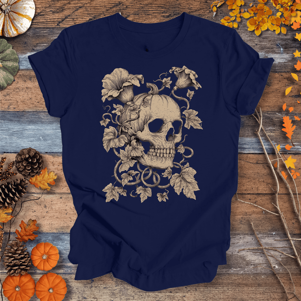 Botanical Skull & Pumpkin Vines Shirt – Halloween | Unisex Cotton T-shirt Gift For Plant Lover