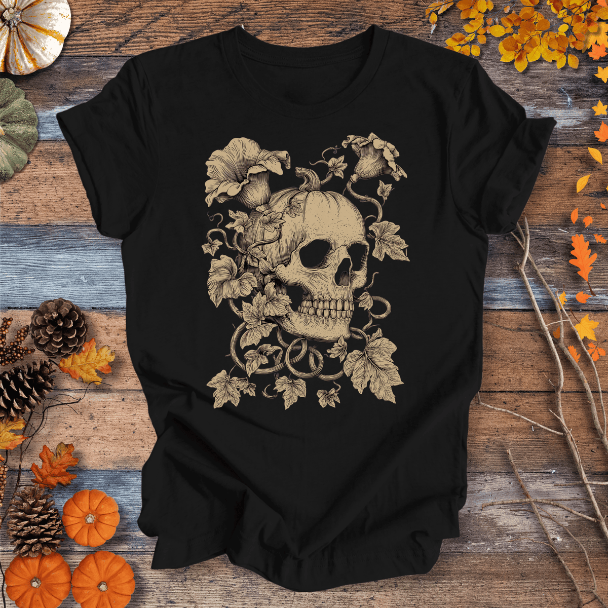 Botanical Skull & Pumpkin Vines Shirt – Halloween | Unisex Cotton T-shirt Gift For Plant Lover