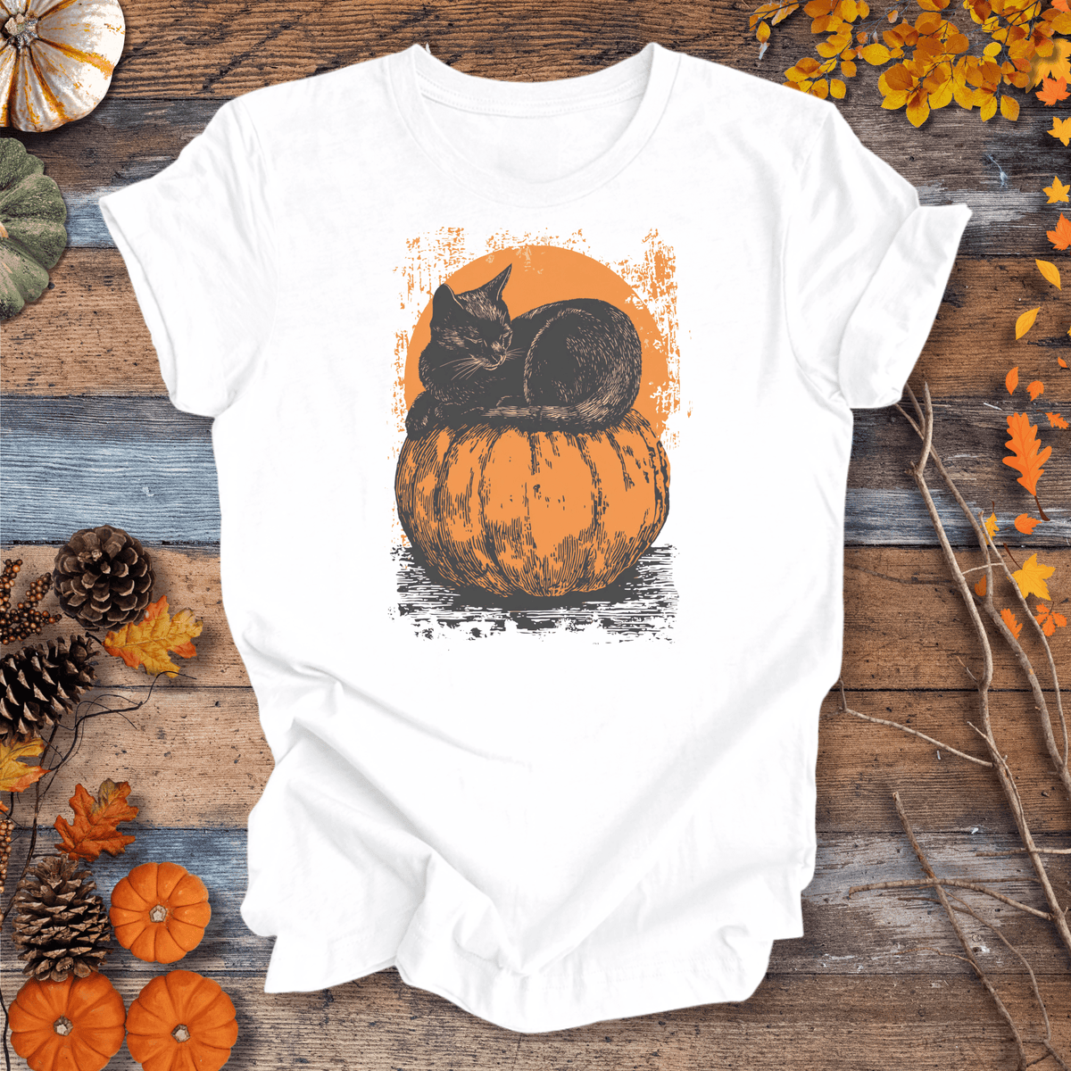 Moonlit Black Cat & Pumpkins Halloween Shirt – Unisex Cotton Tee Gift For Plant Lover