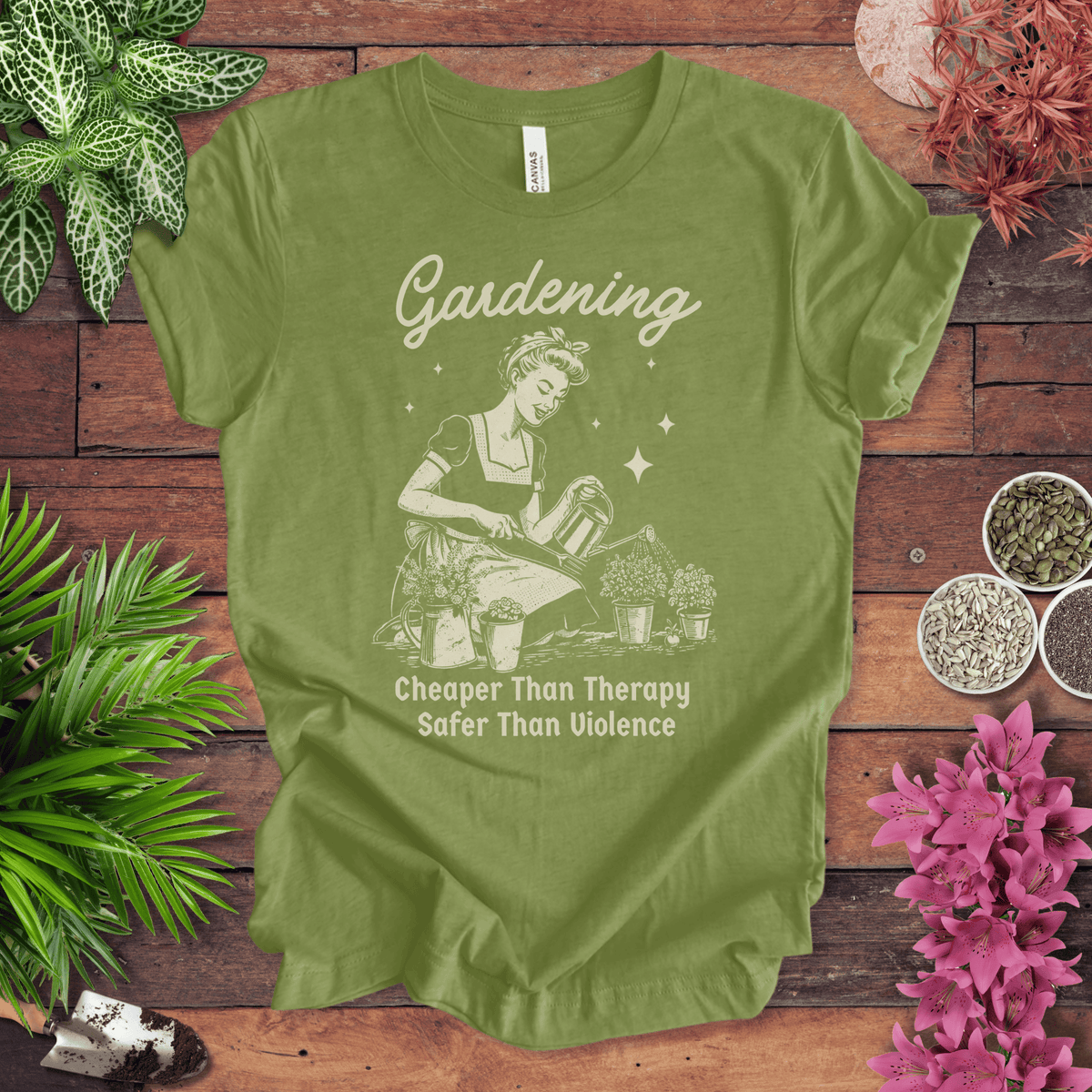 Gardening T-Shirt – “Cheaper Than Therapy, Safer Than Violence” Funny Gardener Tee Gift For Plant Lover