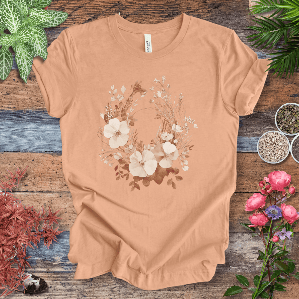 Rustic Floral Wreath Botanical T-Shirt Gift For Plant Lover