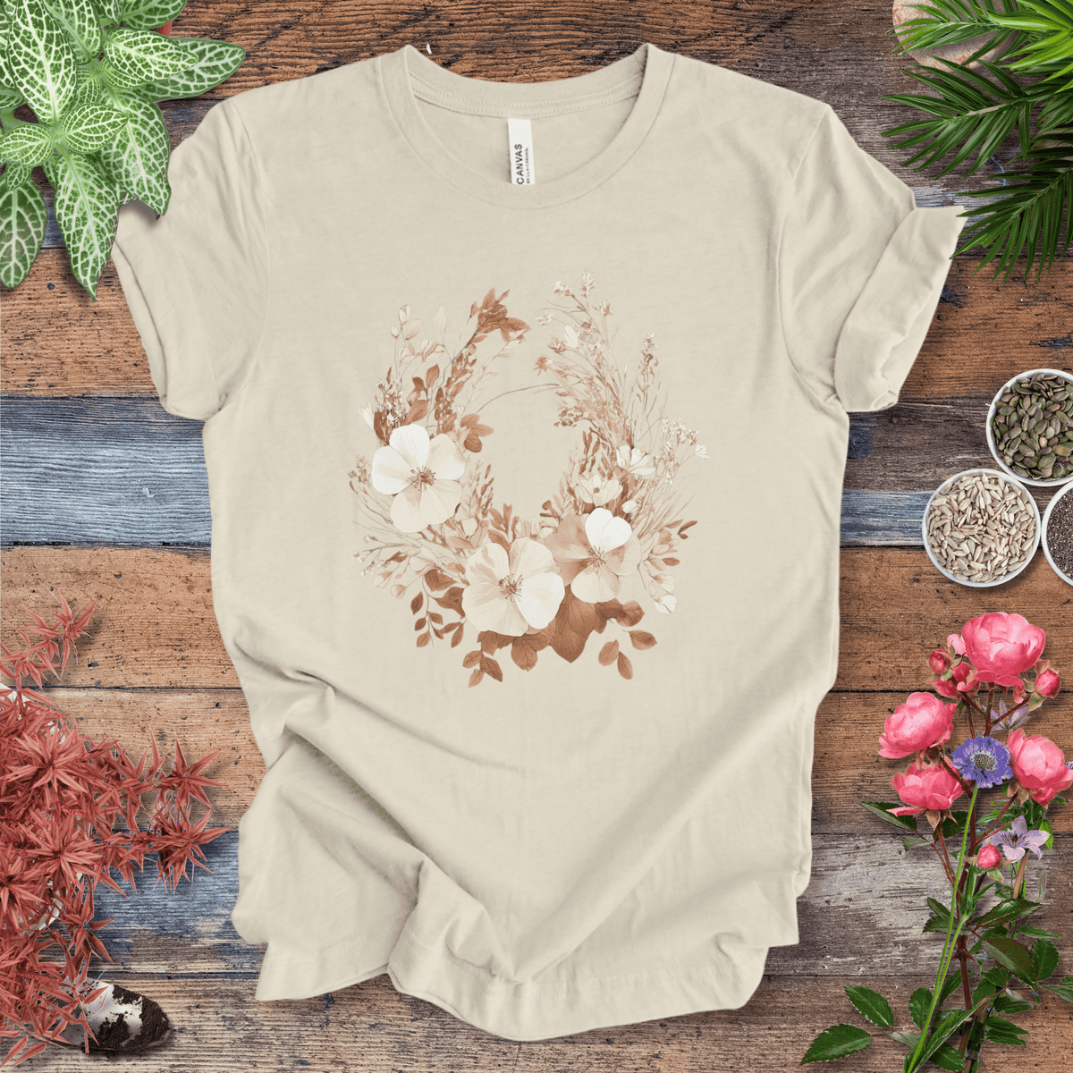 Rustic Floral Wreath Botanical T-Shirt Gift For Plant Lover