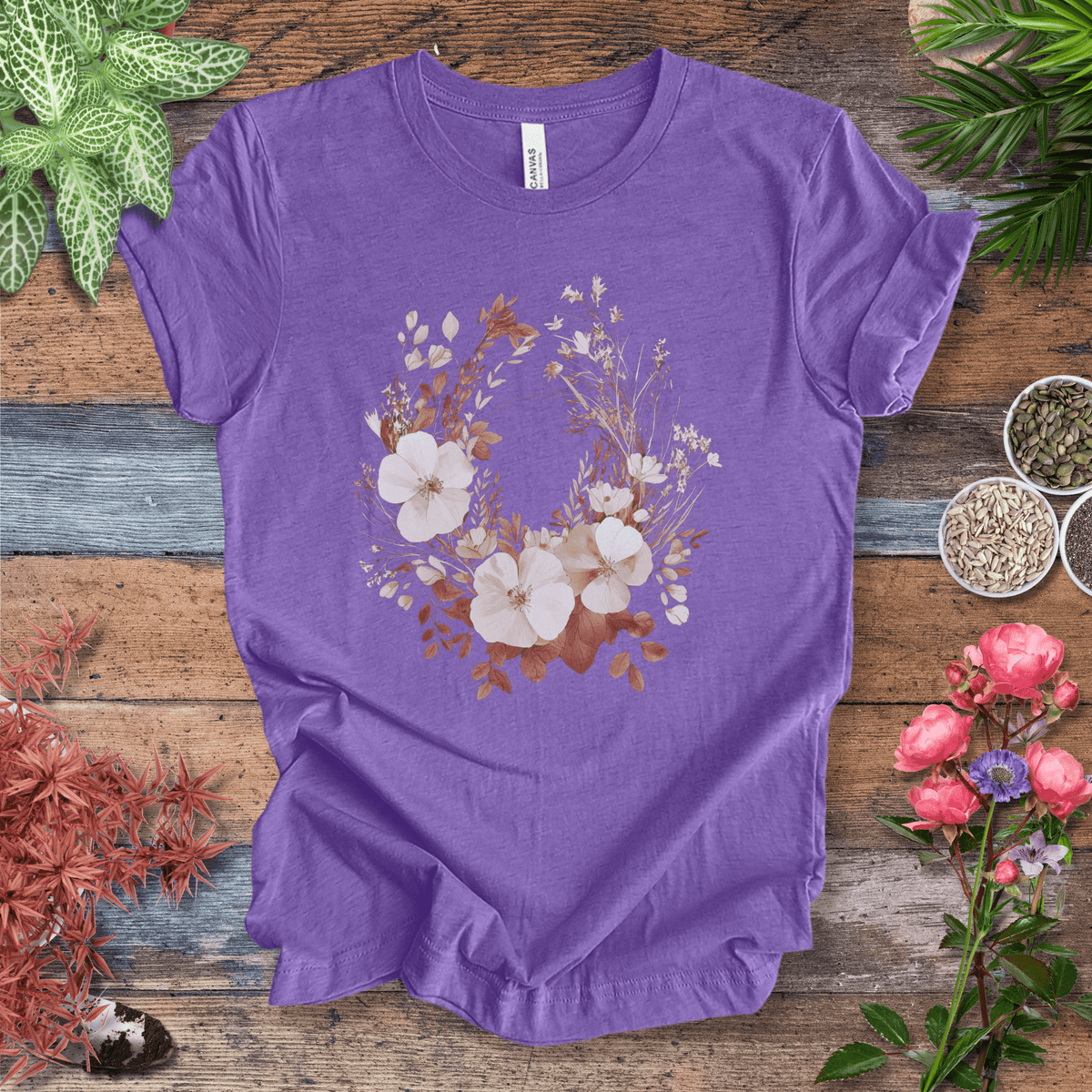 Rustic Floral Wreath Botanical T-Shirt Gift For Plant Lover