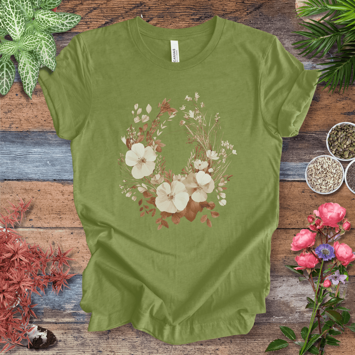 Rustic Floral Wreath Botanical T-Shirt Gift For Plant Lover