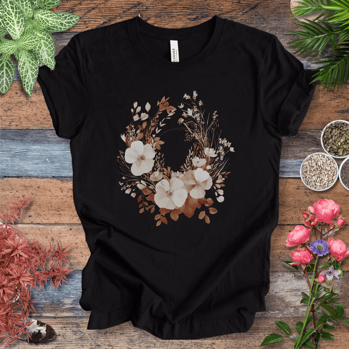 Rustic Floral Wreath Botanical T-Shirt Gift For Plant Lover