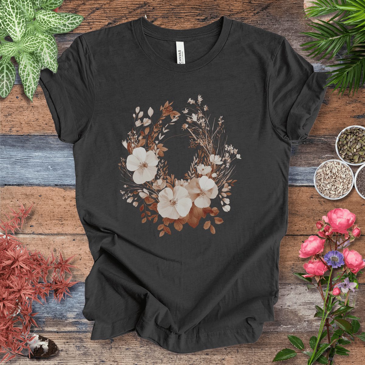 Rustic Floral Wreath Botanical T-Shirt Gift For Plant Lover