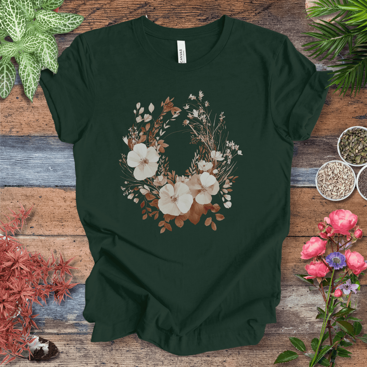 Rustic Floral Wreath Botanical T-Shirt Gift For Plant Lover