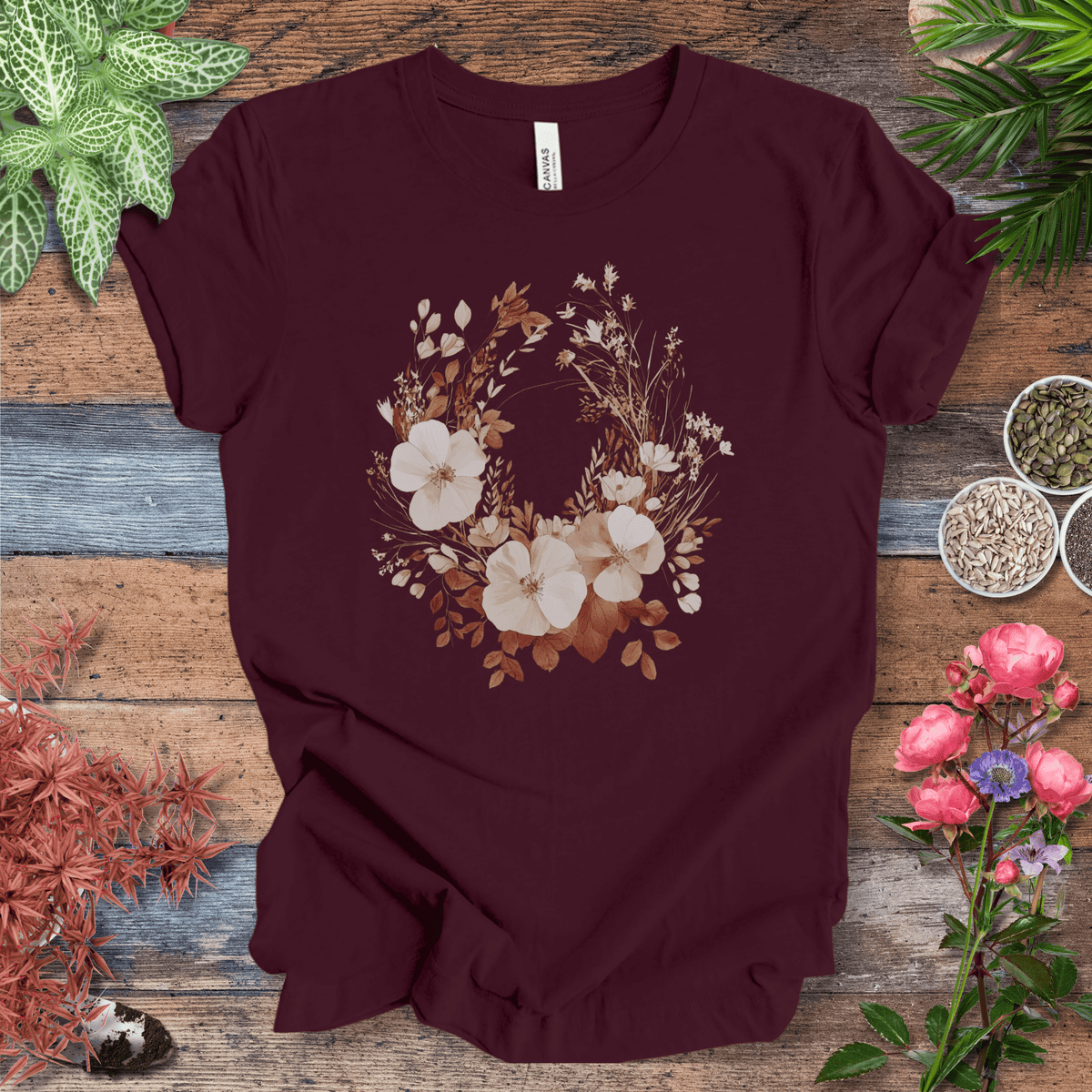 Rustic Floral Wreath Botanical T-Shirt Gift For Plant Lover