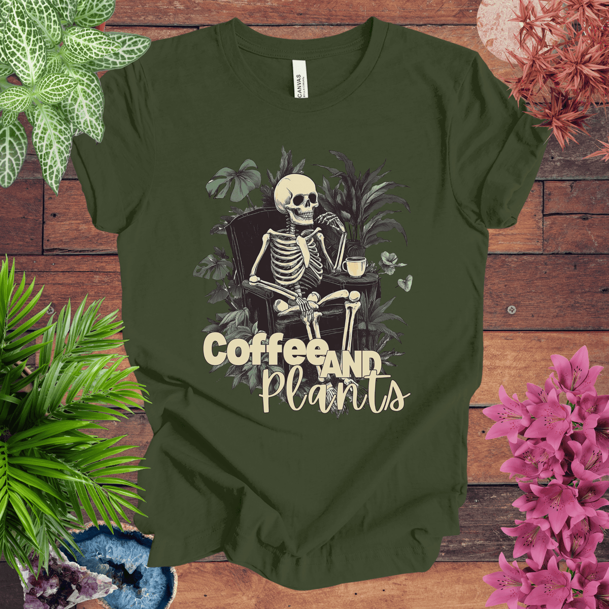 Coffee and Plants Skeleton T-Shirt Gift For Plant Lover