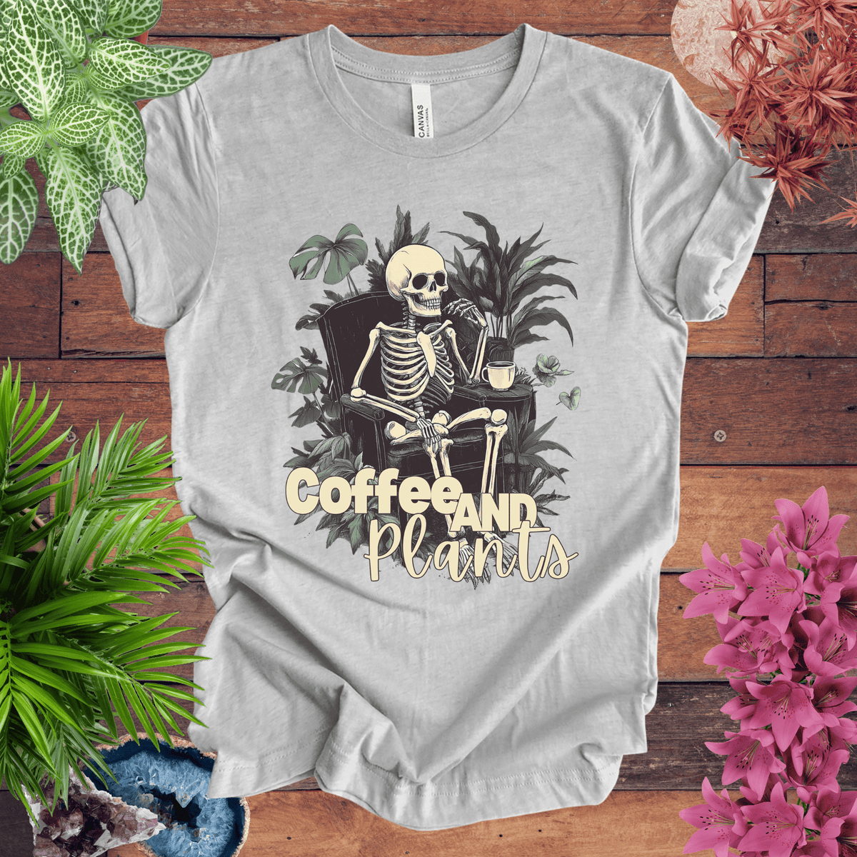 Coffee and Plants Skeleton T-Shirt Gift For Plant Lover