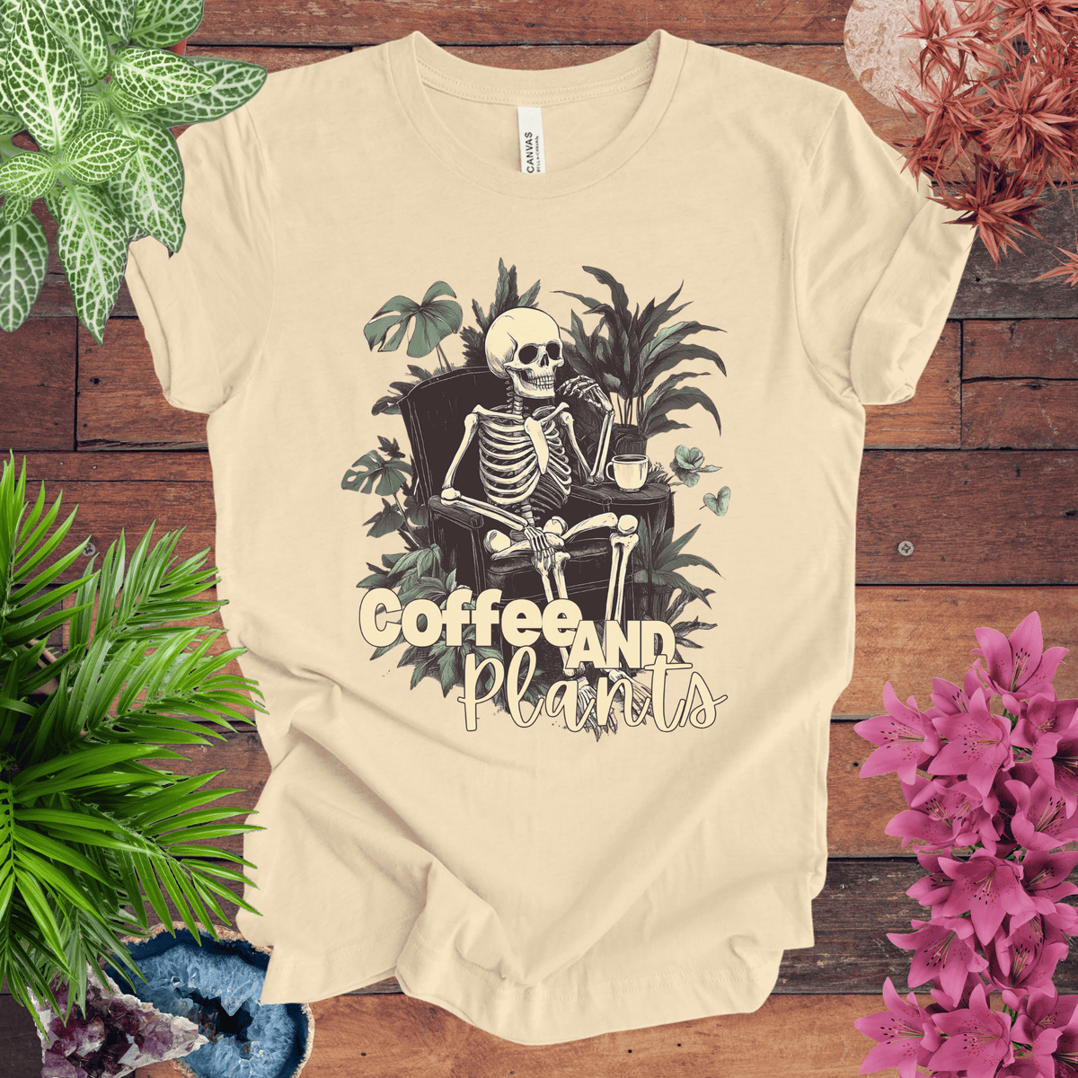 Coffee and Plants Skeleton T-Shirt Gift For Plant Lover