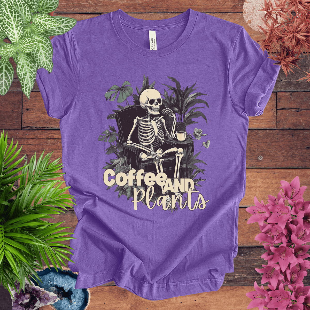 Coffee and Plants Skeleton T-Shirt Gift For Plant Lover