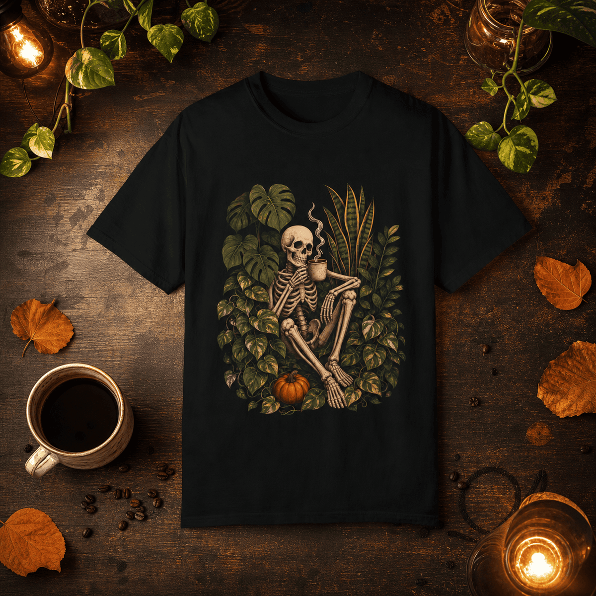Skeleton Coffee Jungle T-Shirt - Plant Lover Halloween Art Gift For Plant Lover
