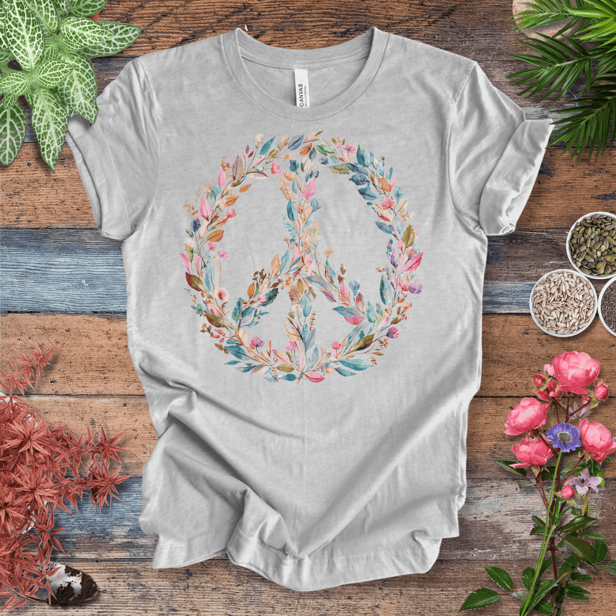 Pastel Watercolor Peace Sign Floral T-Shirt | Boho Rainbow Garden Wreath Tee, Hippie Festival Top, Spring-Summer 2025 Trend Gift For Plant Lover