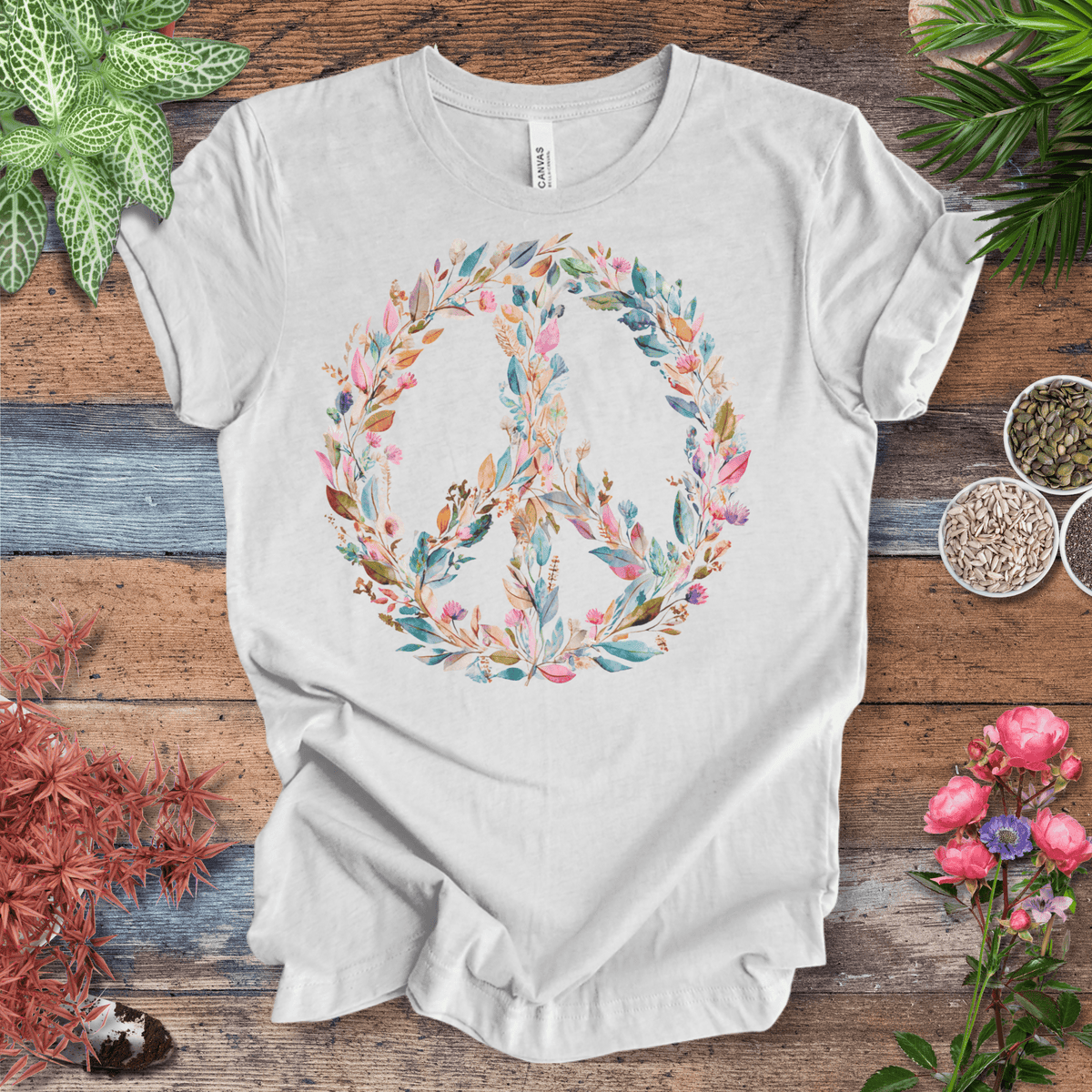 Pastel Watercolor Peace Sign Floral T-Shirt | Boho Rainbow Garden Wreath Tee, Hippie Festival Top, Spring-Summer 2025 Trend Gift For Plant Lover