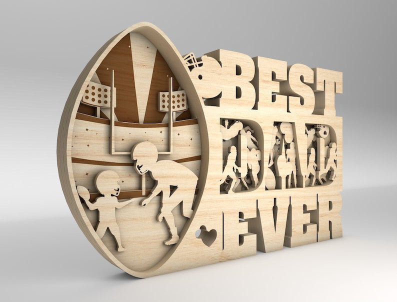 Multilayer Best Dad Ever Scene Art, American Football Wood Layer Gift for Dad, Wood Laser Cut Gift Idea On Father's Day
