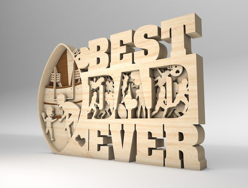 Multilayer Best Dad Ever Scene Art, American Football Wood Layer Gift for Dad, Wood Laser Cut Gift Idea On Father's Day