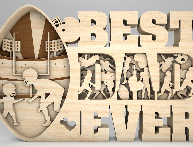 Multilayer Best Dad Ever Scene Art, American Football Wood Layer Gift for Dad, Wood Laser Cut Gift Idea On Father's Day