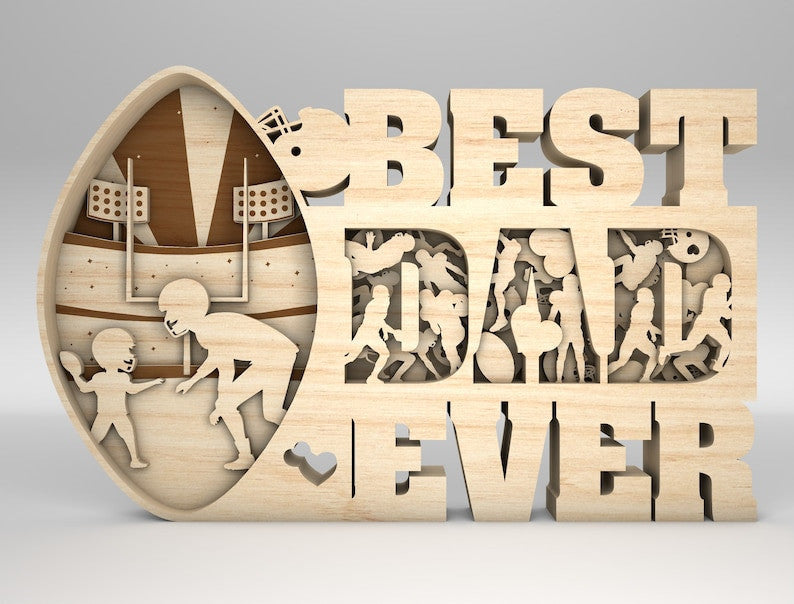 Multilayer Best Dad Ever Scene Art, American Football Wood Layer Gift for Dad, Wood Laser Cut Gift Idea On Father's Day