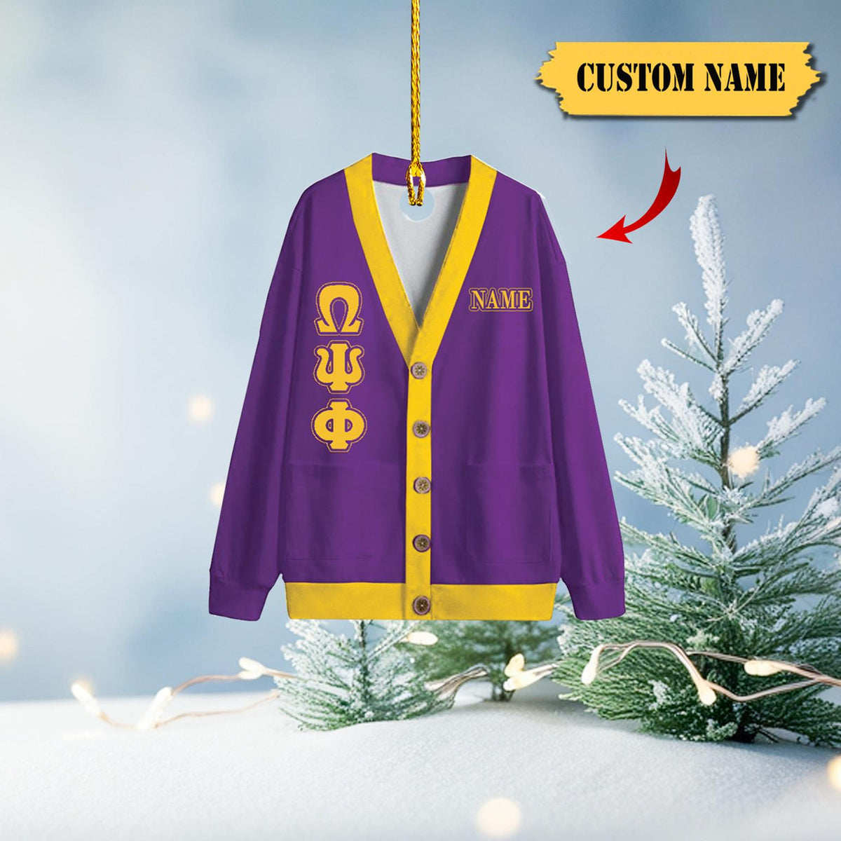 Omega Psi Phi Acrylic Cardigan 2D Ornament, Custom Name Option – Purple And Gold Greek Life Decor, Unique Sorority Gift, Perfect Keepsake
