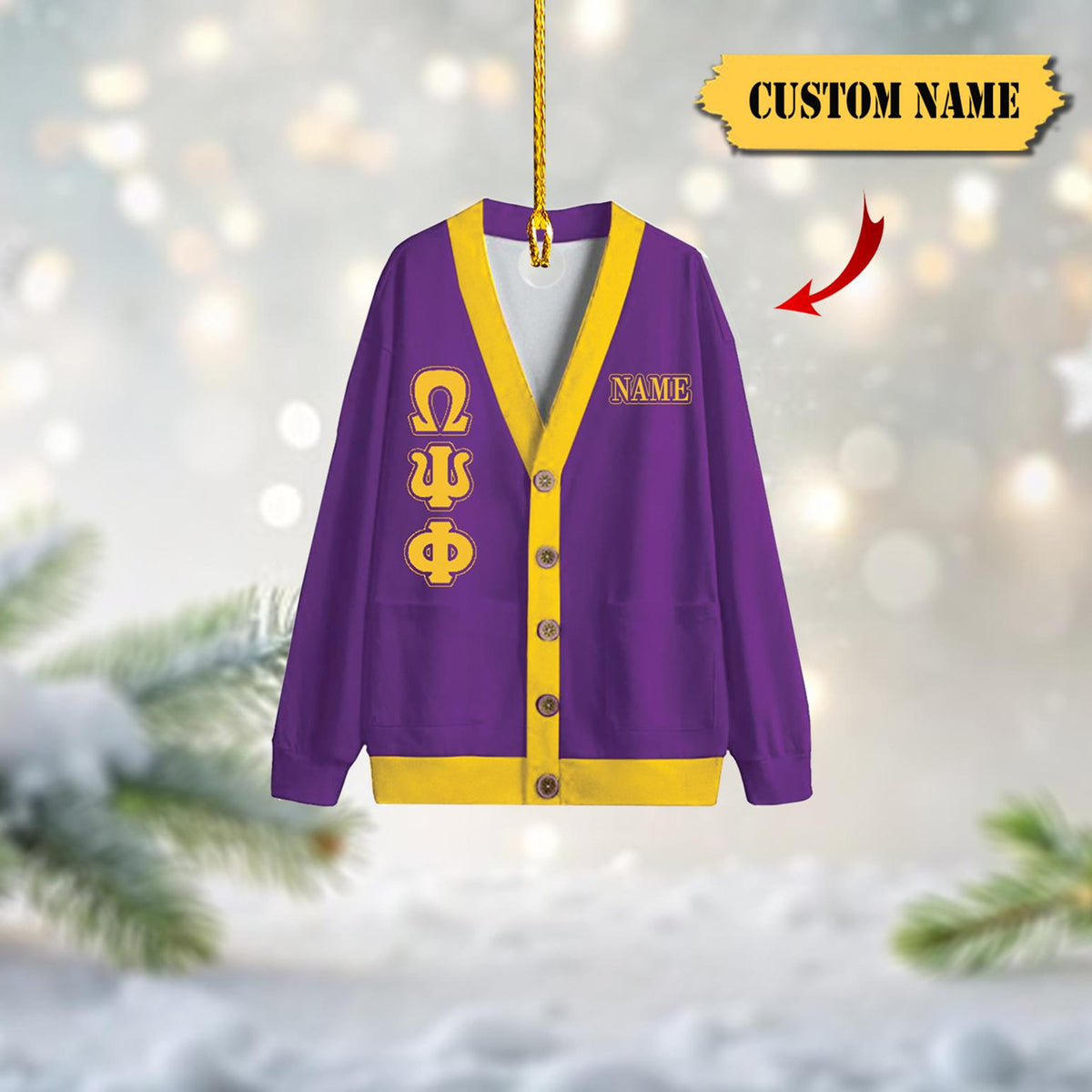 Omega Psi Phi Acrylic Cardigan 2D Ornament, Custom Name Option – Purple And Gold Greek Life Decor, Unique Sorority Gift, Perfect Keepsake