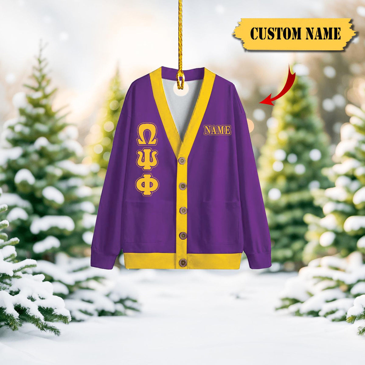 Omega Psi Phi Acrylic Cardigan 2D Ornament, Custom Name Option – Purple And Gold Greek Life Decor, Unique Sorority Gift, Perfect Keepsake