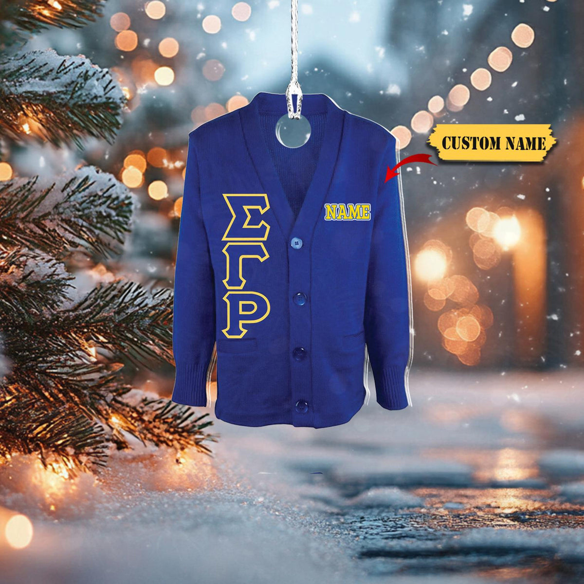 Sigma Gamma Rho Acrylic Cardigan Ornament, Custom Name Option – Blue And Gold Greek Life Keepsake, Unique Sorority 2D Christmasgift